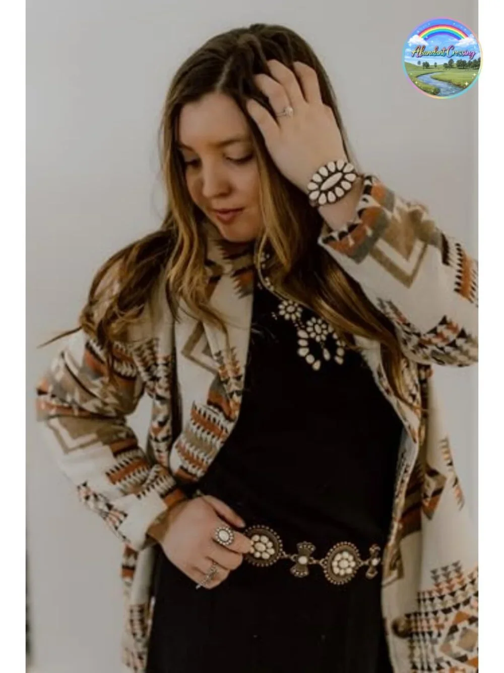 Western Concho Chain Belt with Turquoise Stones Metal Lobster Claw Clasp